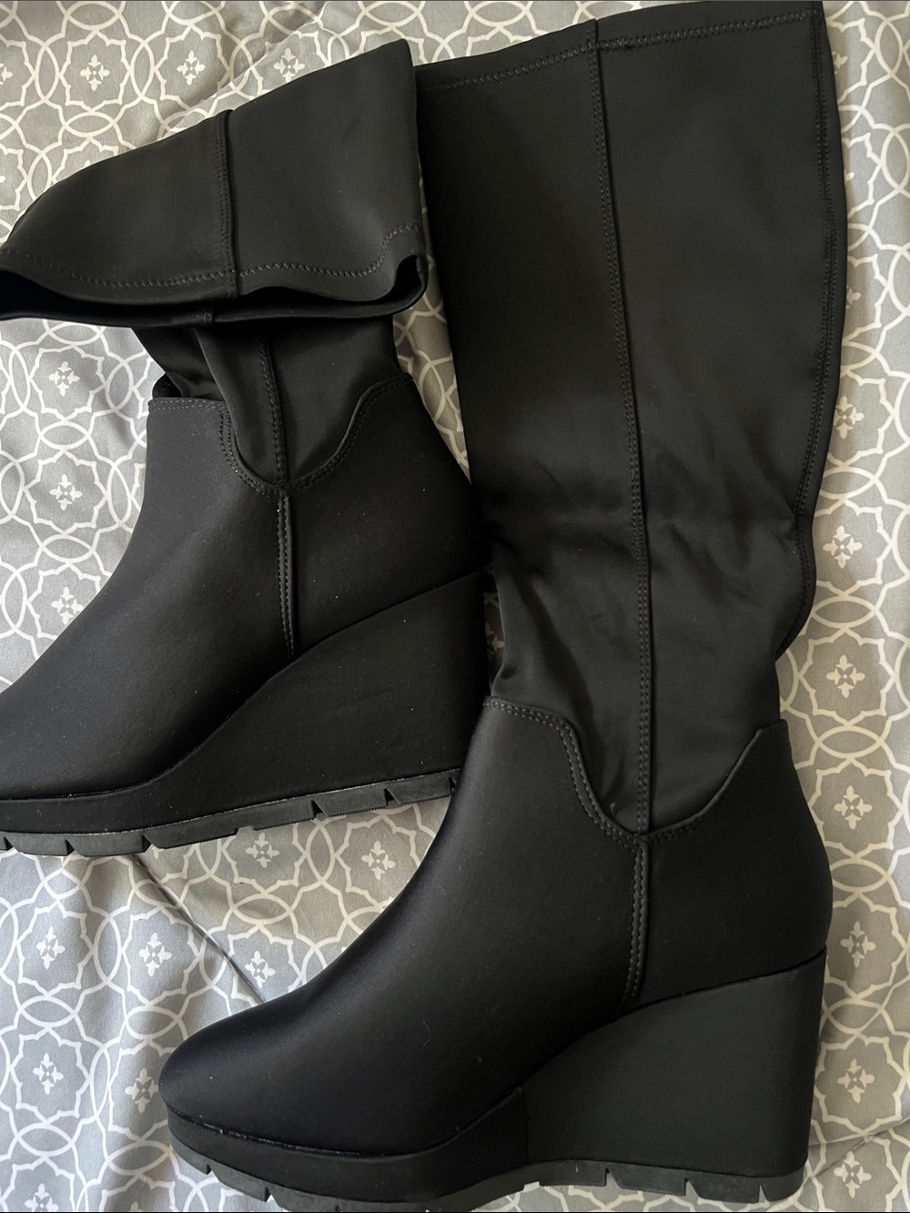 Classic Black Wedge Knee-High Boots - Women